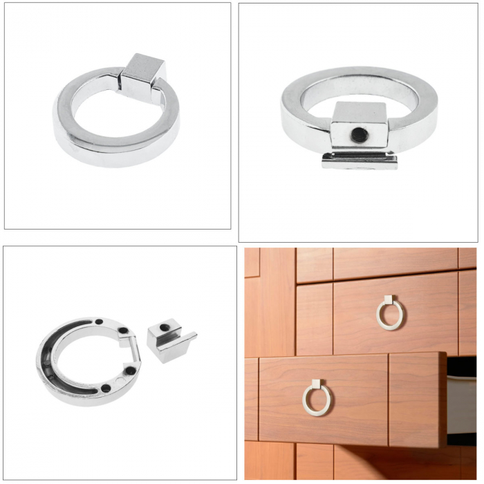 Buton cu inel de prindere, pentru mobila, din metal, diametru 40 mm, MOB-67373, inaltime 7 mm, argintiu [3]