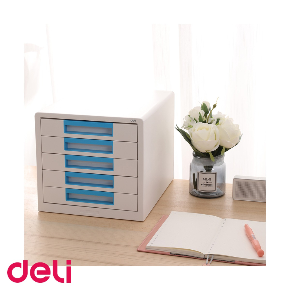 Cabinet cu 5 sertare Deli, finisaj lucios alb-bleu, organizare documente pentru birou [4]
