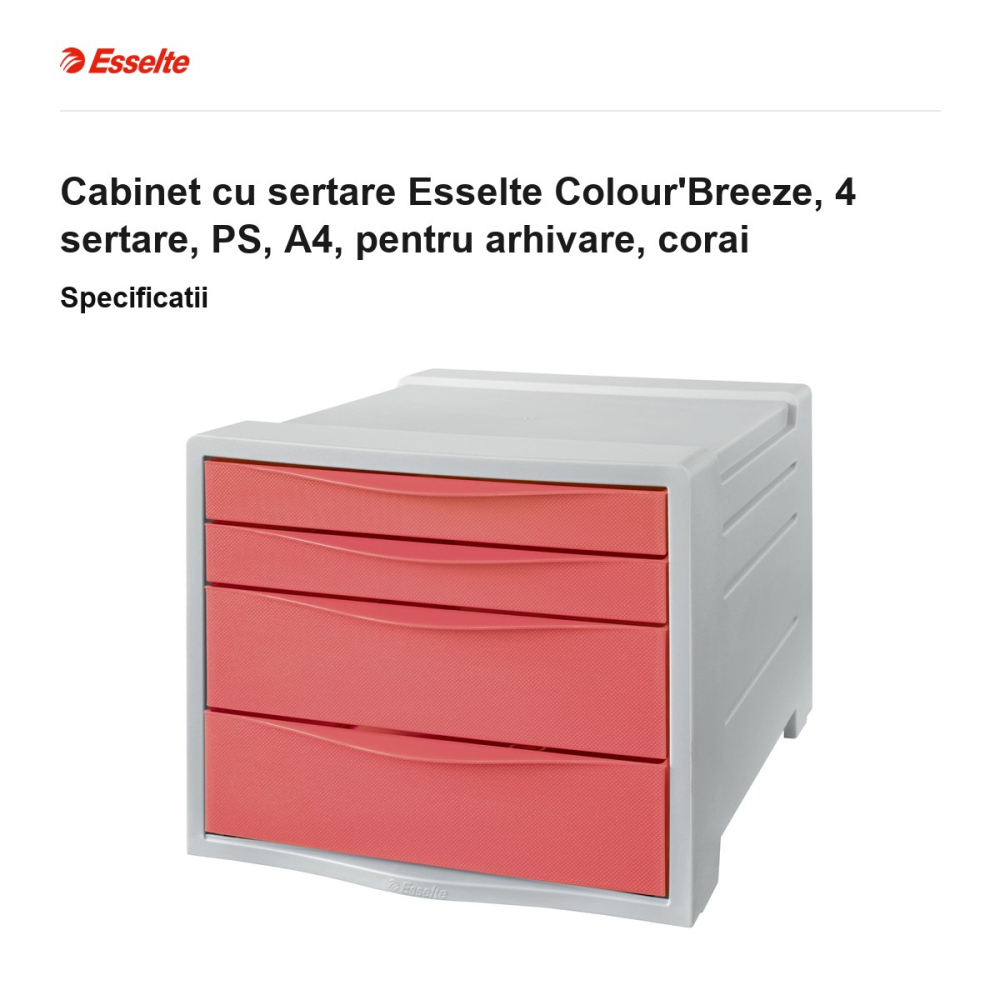 Cabinet cu sertare Esselte Colour'Breeze, 4 sertare, PS, A4, pentru arhivare, corai [3]