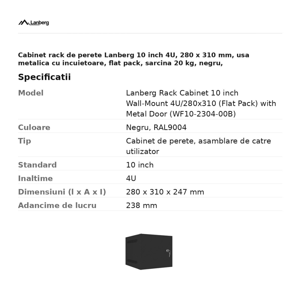 Cabinet rack de perete Lanberg 10 inch 4U, 280 x 310 mm, usa metalica cu incuietoare, flat pack, sarcina 20 kg, negru, WF10-2304-00B [3]