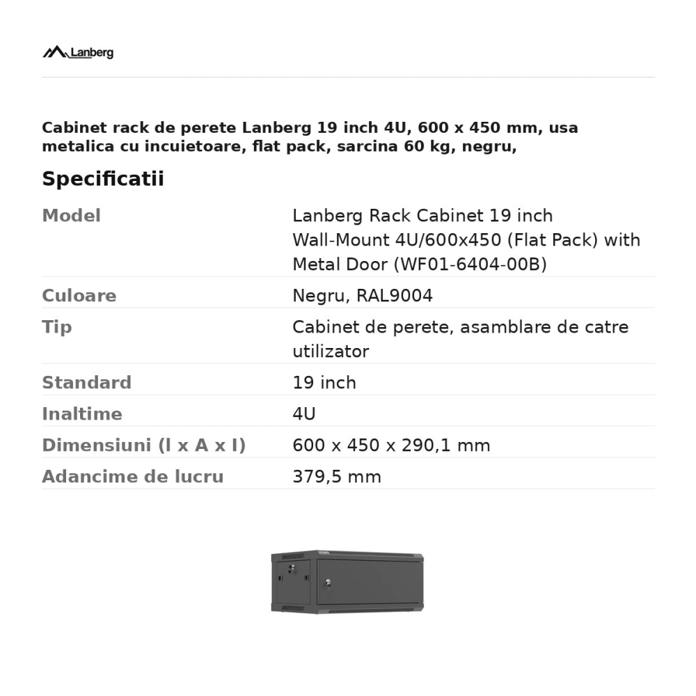 Cabinet rack de perete Lanberg 19 inch 4U, 600 x 450 mm, usa metalica cu incuietoare, flat pack, sarcina 60 kg, negru, WF01-6404-00B [3]