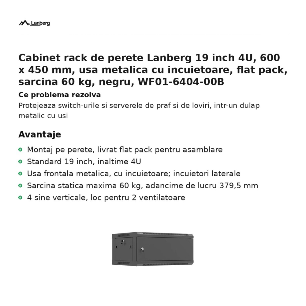 Cabinet rack de perete Lanberg 19 inch 4U, 600 x 450 mm, usa metalica cu incuietoare, flat pack, sarcina 60 kg, negru, WF01-6404-00B [2]