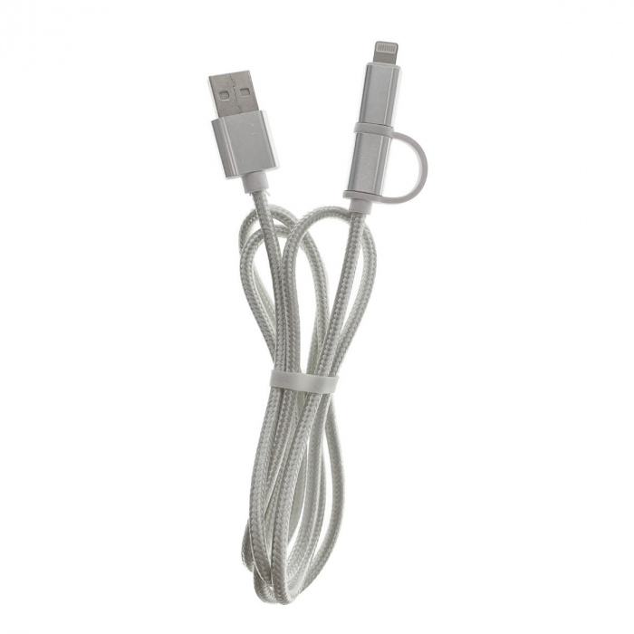 Cablu 2 in 1, USB 2.0 tata la microUSB tata si lightning 8 pin tata, lungime 90 cm, invelis textil, argintiu cu alb [3]