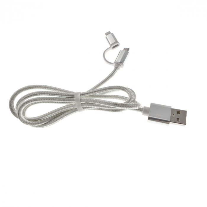 Cablu 2 in 1, USB 2.0 tata la microUSB tata si lightning 8 pin tata, lungime 90 cm, invelis textil, argintiu cu alb [2]