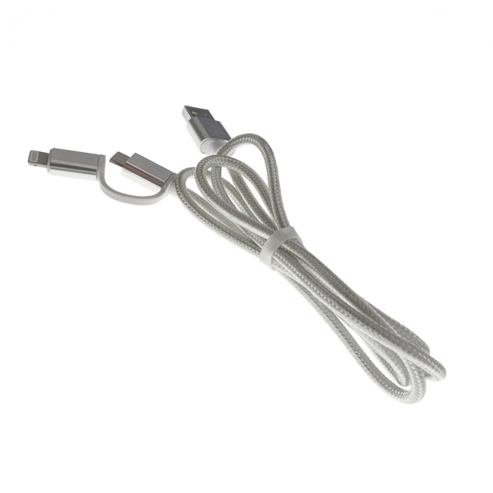 Cablu 2 in 1, USB 2.0 tata la microUSB tata si lightning 8 pin tata, lungime 90 cm, invelis textil, argintiu cu alb [5]