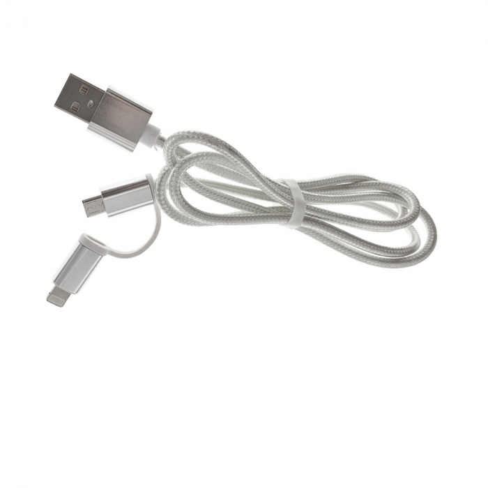 Cablu 2 in 1, USB 2.0 tata la microUSB tata si lightning 8 pin tata, lungime 90 cm, invelis textil, argintiu cu alb [4]
