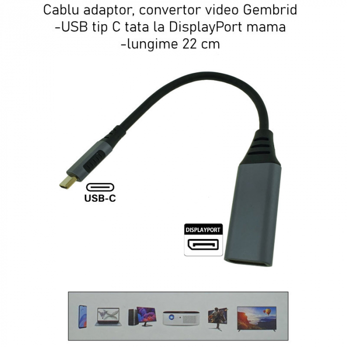 Cablu adaptor, convertor video, USB tip C tata la DisplayPort mama, Cablexpert 12136, lungime 15cm, negru [6]