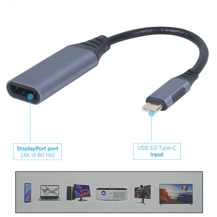 Cablu adaptor, convertor video, USB tip C tata la DisplayPort mama, Cablexpert 12136, lungime 15cm, negru [2]