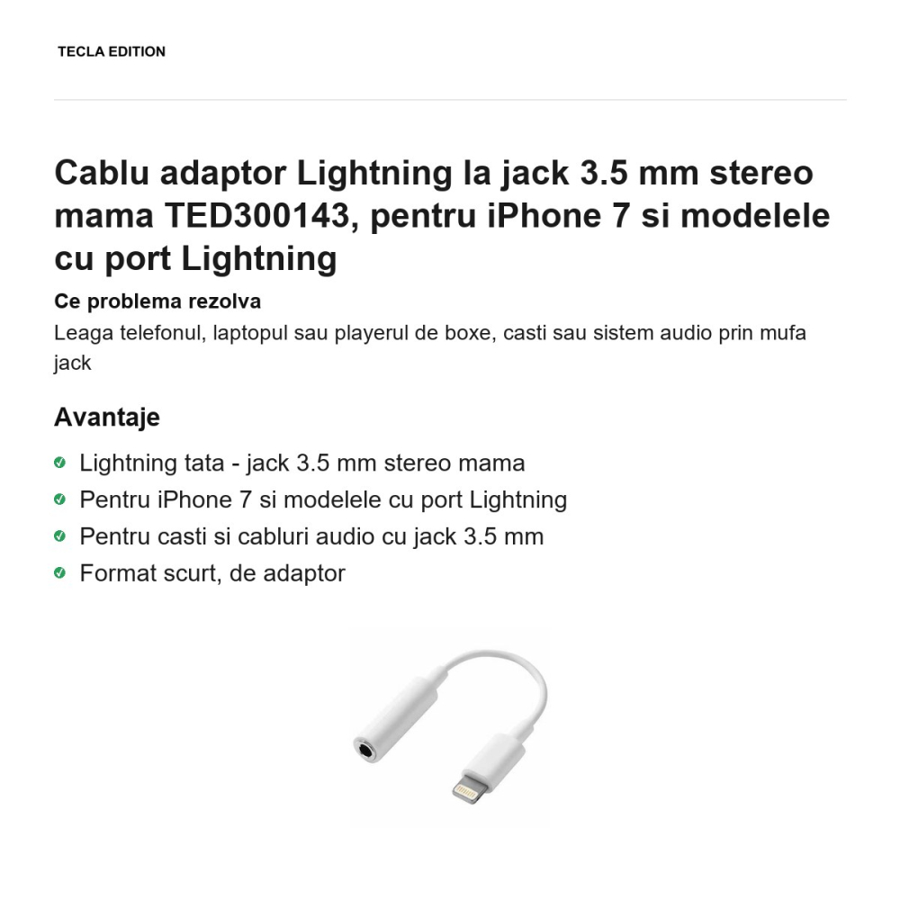 Cablu adaptor Lightning la jack 3.5 mm stereo mama TED300143, pentru iPhone 7 si modelele cu port Lightning [2]
