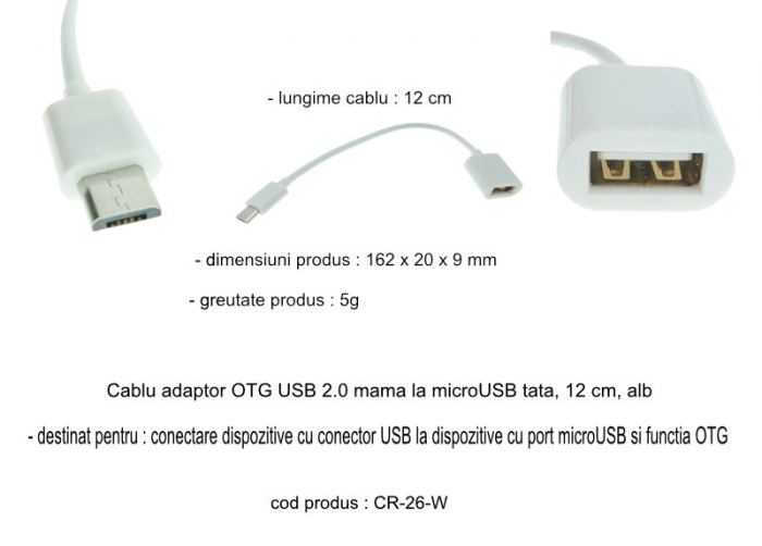 Cablu adaptor OTG USB 2.0 mama la microUSB tata, 12 cm, alb [6]