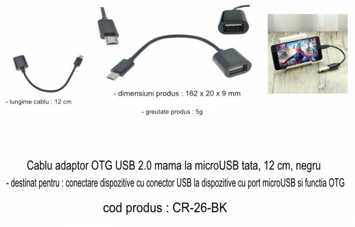 Cablu adaptor OTG USB 2.0 mama la microUSB tata, 12 cm, negru [6]