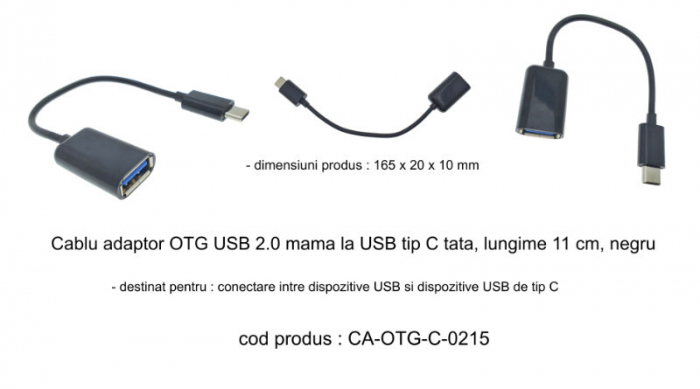 Cablu adaptor OTG USB 2.0 mama la USB tip C tata, lungime 11 cm, negru [5]