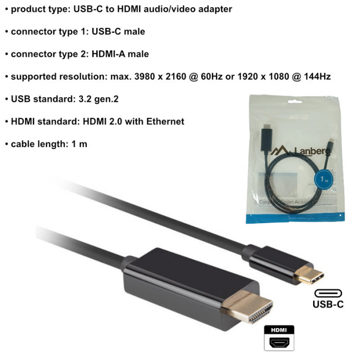 Cablu adaptor USB-C tata la HDMI tata, USB 3.2 gen.2, HDMI 2.0, Lanberg 43676, FHD-144Hz, 4K-60Hz, 18Gb/s, 100cm, negru [5]