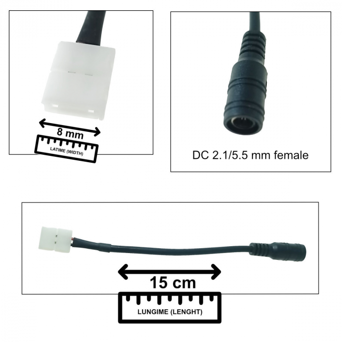 Cablu alimentare benzi Led 8mm, cu conector 2.1/5.5mm mama la conexiune 2 pini, lungime 15cm, negru [2]