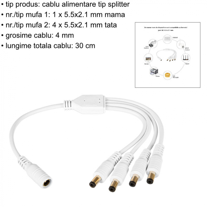 Cablu alimentare splitter 1 la 4, 5.5x2.1 mm, PR-2647-W, 30cm, CC/DC, pentru strip LED, camere, alb [4]