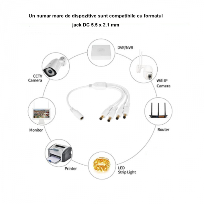 Cablu alimentare splitter 1 la 4, 5.5x2.1 mm, PR-2647-W, 30cm, CC/DC, pentru strip LED, camere, alb [5]