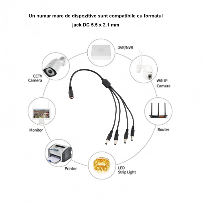 Cablu alimentare splitter 1 la 4, 5.5x2.1 mm, PR-5584-BK, 40cm, CC/DC, pentru strip LED, camere, negru [6]