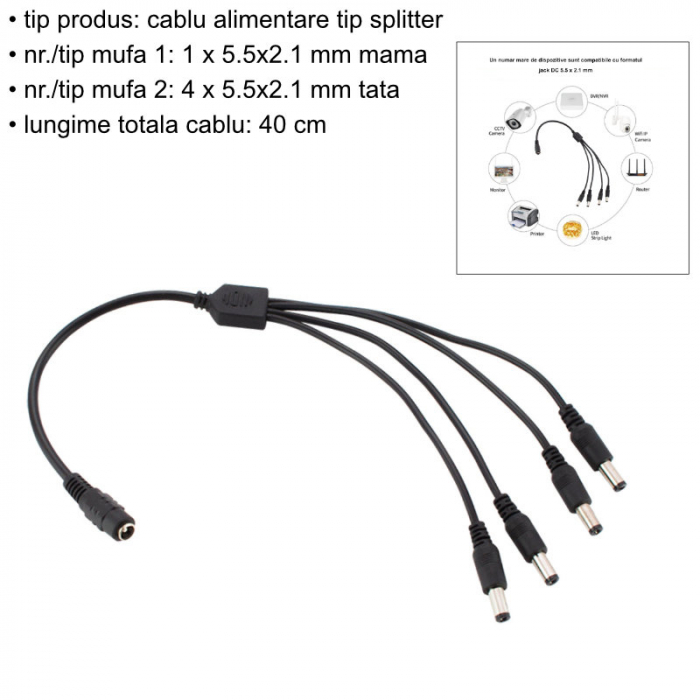 Cablu alimentare splitter 1 la 4, 5.5x2.1 mm, PR-5584-BK, 40cm, CC/DC, pentru strip LED, camere, negru [5]