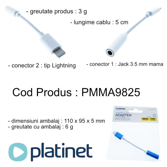 Cablu audio, adaptor Jack 3.5mm mama la conector tip Lightning, Platinet 45645, lungime 5 cm, alb [5]