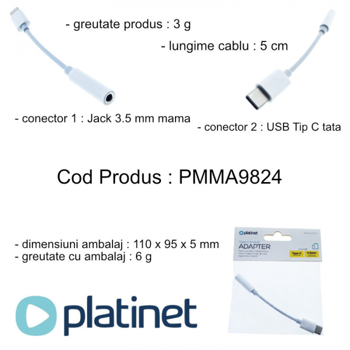 Adaptor audio Platinet USB-C la 3.5mm, Alb [5]