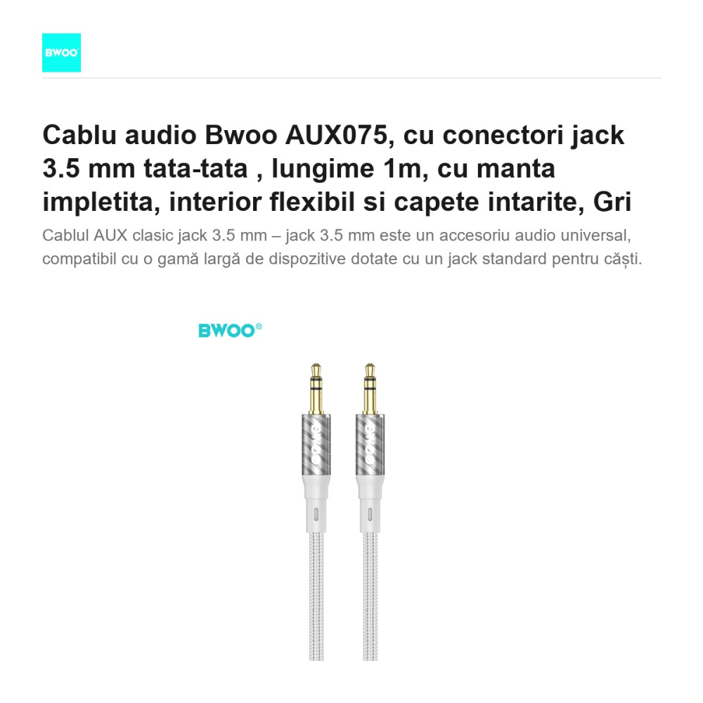Cablu audio Bwoo AUX075, cu conectori jack 3.5 mm tata-tata , lungime 1m, cu manta impletita, interior flexibil si capete intarite, Gri [2]