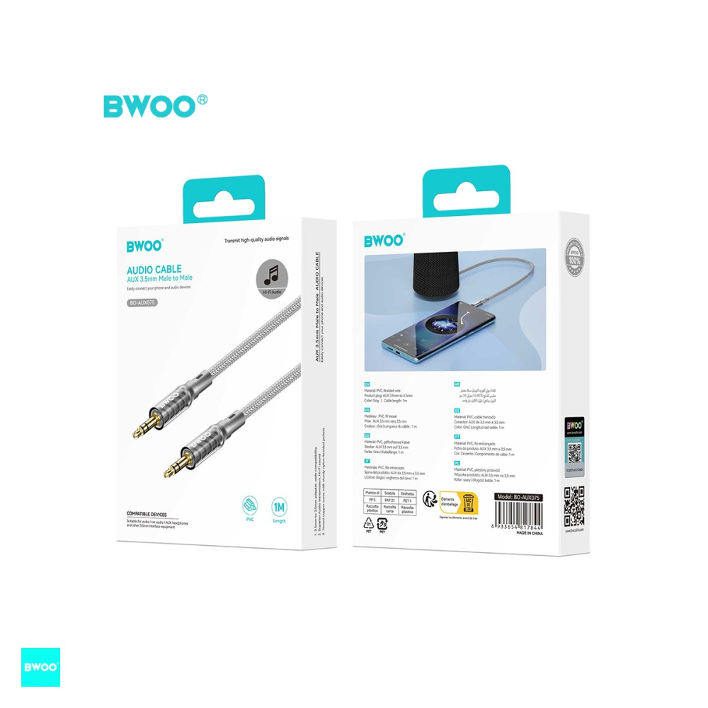 Cablu audio Bwoo AUX075, cu conectori jack 3.5 mm tata-tata , lungime 1m, cu manta impletita, interior flexibil si capete intarite, Gri [5]