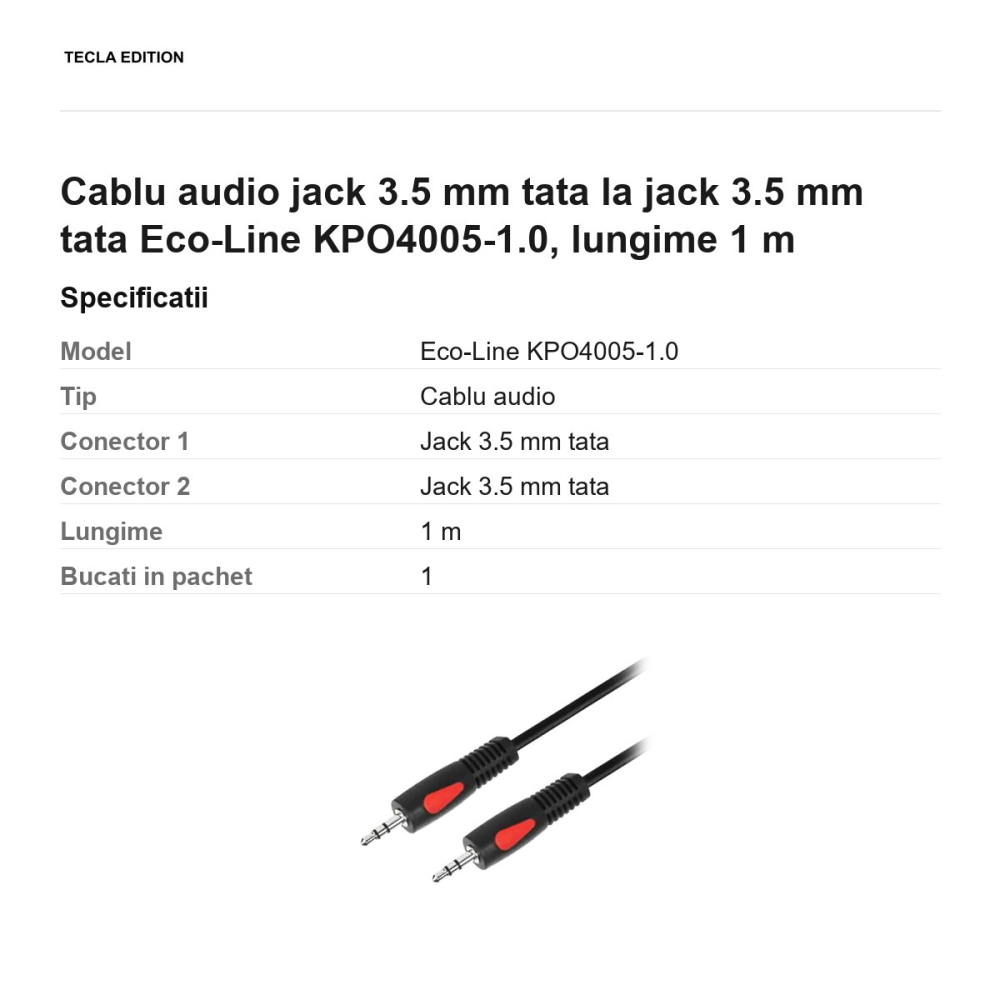 Cablu audio jack 3.5 mm tata la jack 3.5 mm tata Eco-Line KPO4005-1.0, lungime 1 m [3]