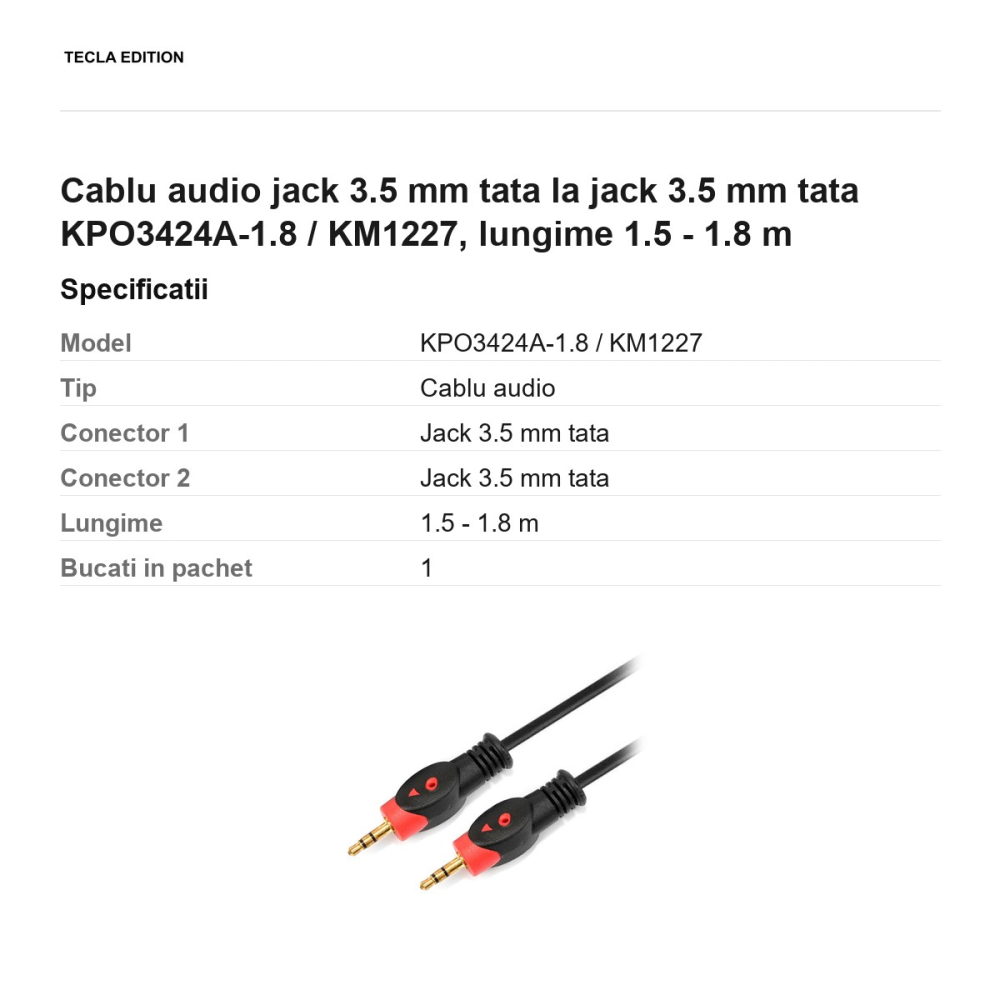 Cablu audio jack 3.5 mm tata la jack 3.5 mm tata KPO3424A-1.8 / KM1227, lungime 1.5 - 1.8 m [3]