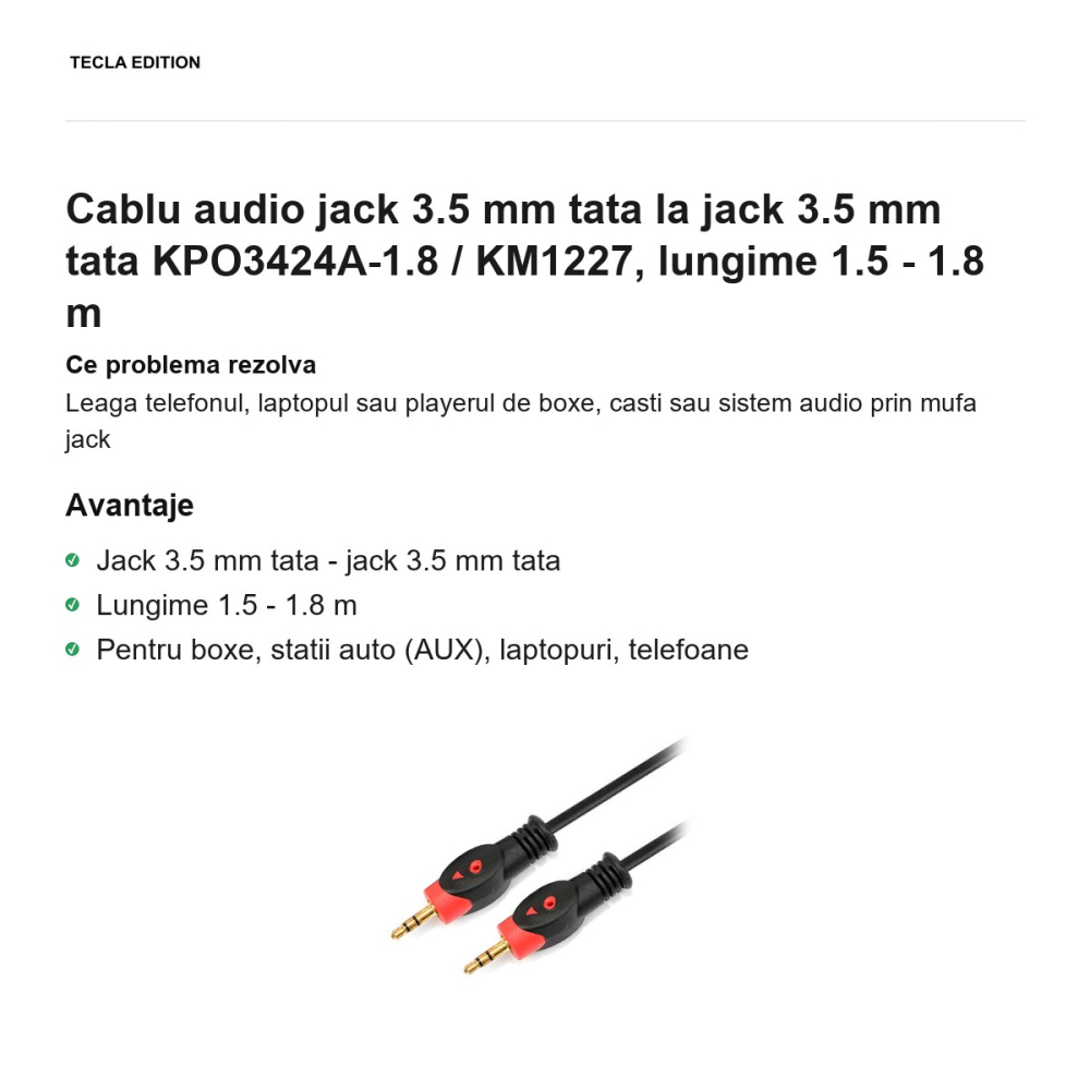 Cablu audio jack 3.5 mm tata la jack 3.5 mm tata KPO3424A-1.8 / KM1227, lungime 1.5 - 1.8 m [2]
