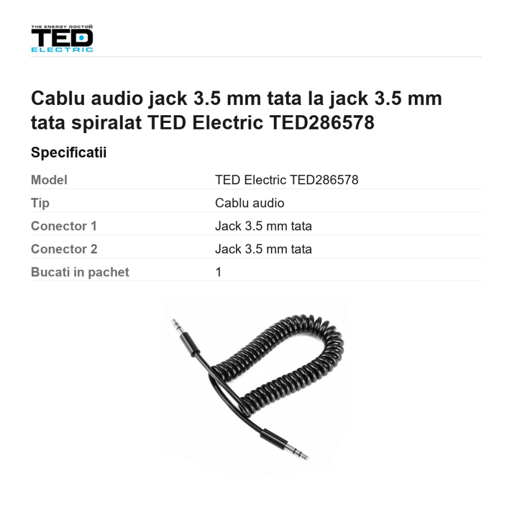 Cablu audio jack 3.5 mm tata la jack 3.5 mm tata spiralat TED Electric TED286578 [3]