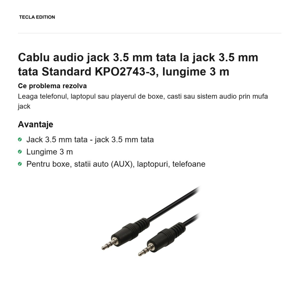 Cablu audio jack 3.5 mm tata la jack 3.5 mm tata Standard KPO2743-3, lungime 3 m [2]