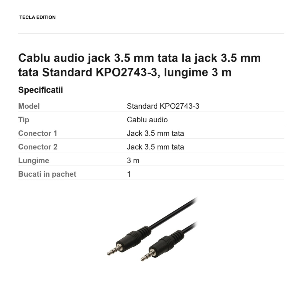 Cablu audio jack 3.5 mm tata la jack 3.5 mm tata Standard KPO2743-3, lungime 3 m [3]