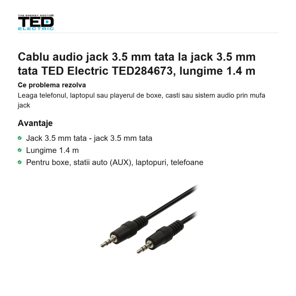 Cablu audio jack 3.5 mm tata la jack 3.5 mm tata TED Electric TED284673, lungime 1.4 m [2]
