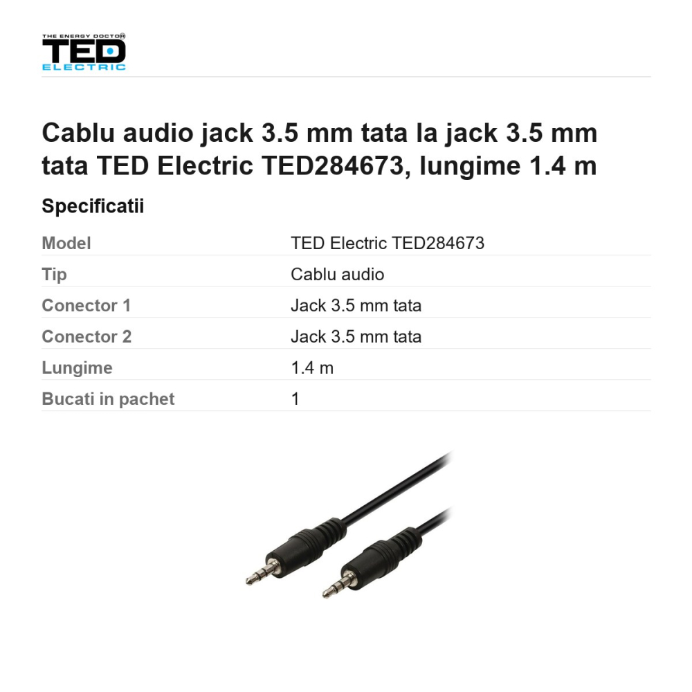 Cablu audio jack 3.5 mm tata la jack 3.5 mm tata TED Electric TED284673, lungime 1.4 m [3]