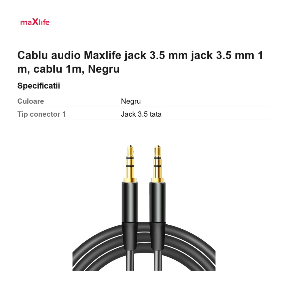 Cablu audio Maxlife jack 3.5 mm jack 3.5 mm 1 m, cablu 1m, Negru [3]
