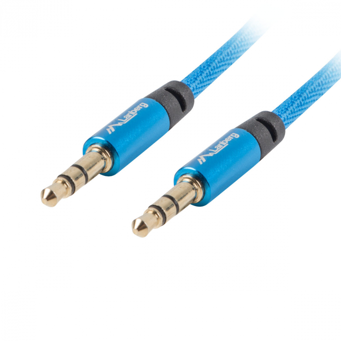 Cablu audio premium, lungime 2 m, jack 3.5 mm tata la jack 3.5 mm tata, Lanberg 41628, cu invelis textil, 3 pini, stereo, albastru [2]