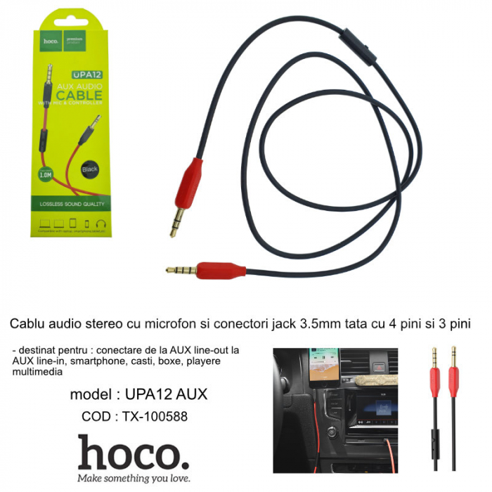 Cablu audio stereo cu microfon, lungime 1 m, Hoco UPA12 AUX, conectori jack 3.5mm tata cu 4 pini si 3 pini, negru [6]
