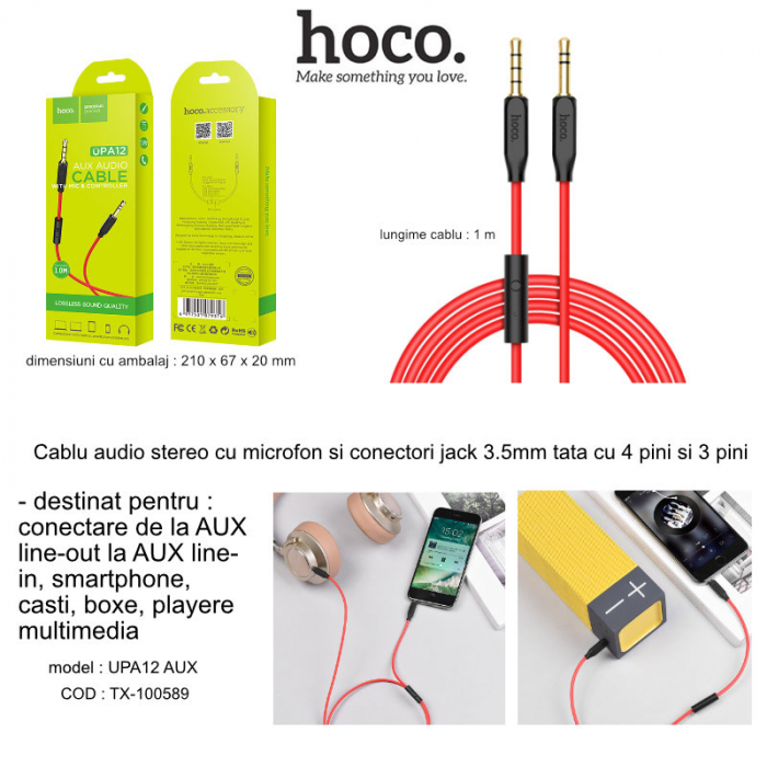 Cablu audio stereo cu microfon, lungime 1 m, Hoco UPA12-AUX, conectori jack 3.5mm tata cu 4 pini si 3 pini, rosu [6]