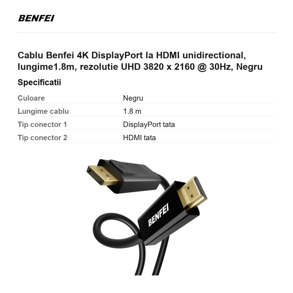 Cablu Benfei 4K DisplayPort la HDMI unidirectional, lungime1.8m, rezolutie UHD 3820 x 2160 @ 30Hz, Negru [3]