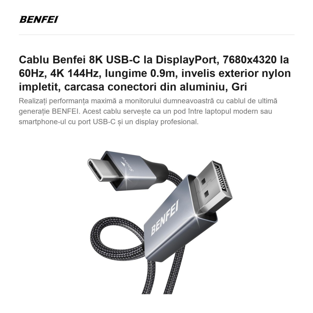 Cablu Benfei 8K USB-C la DisplayPort, 7680x4320 la 60Hz, 4K 144Hz, lungime 0.9m, invelis exterior nylon impletit, carcasa conectori din aluminiu, Gri [2]