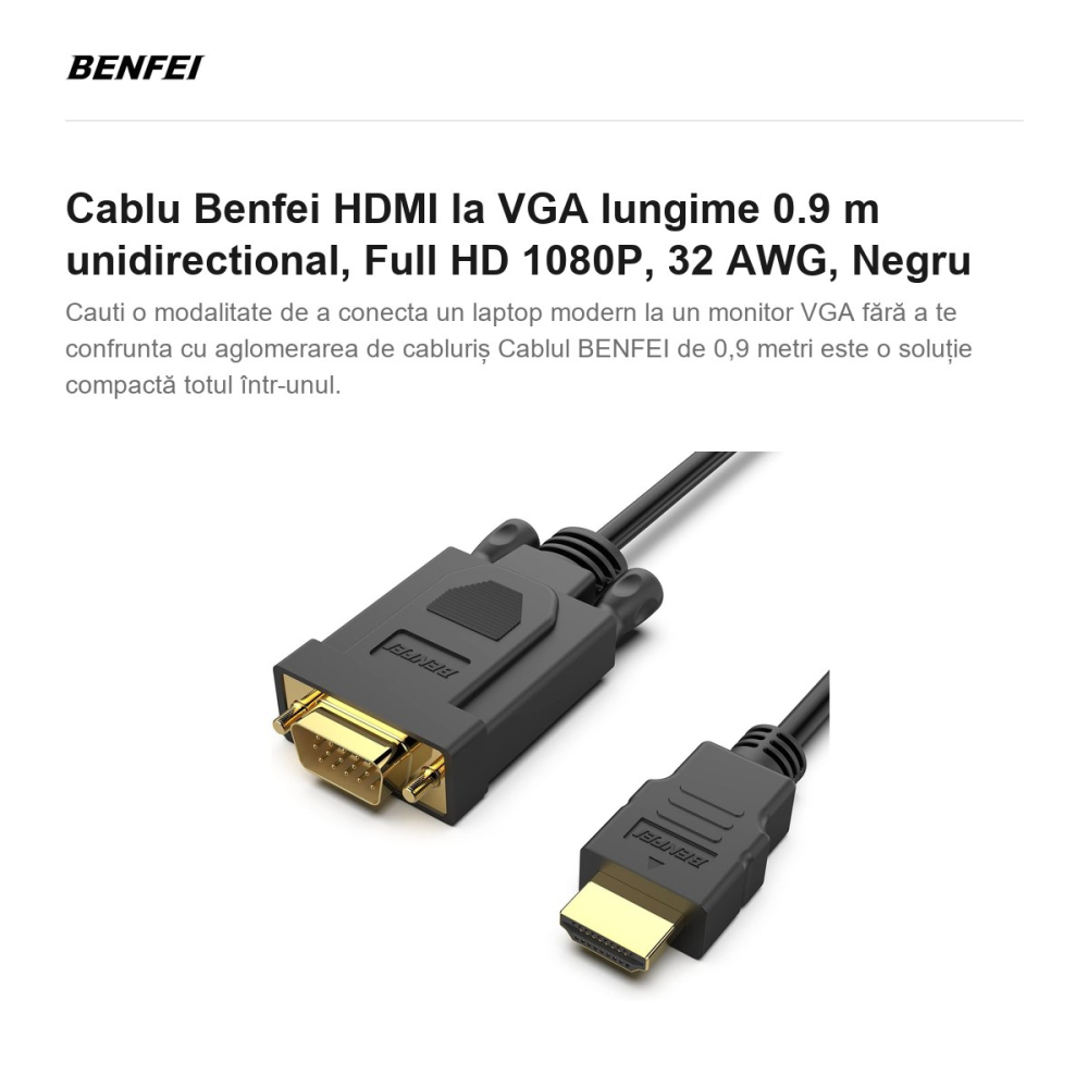 Cablu Benfei HDMI la VGA lungime 0.9 m unidirectional, Full HD 1080P, 32 AWG, Negru [2]