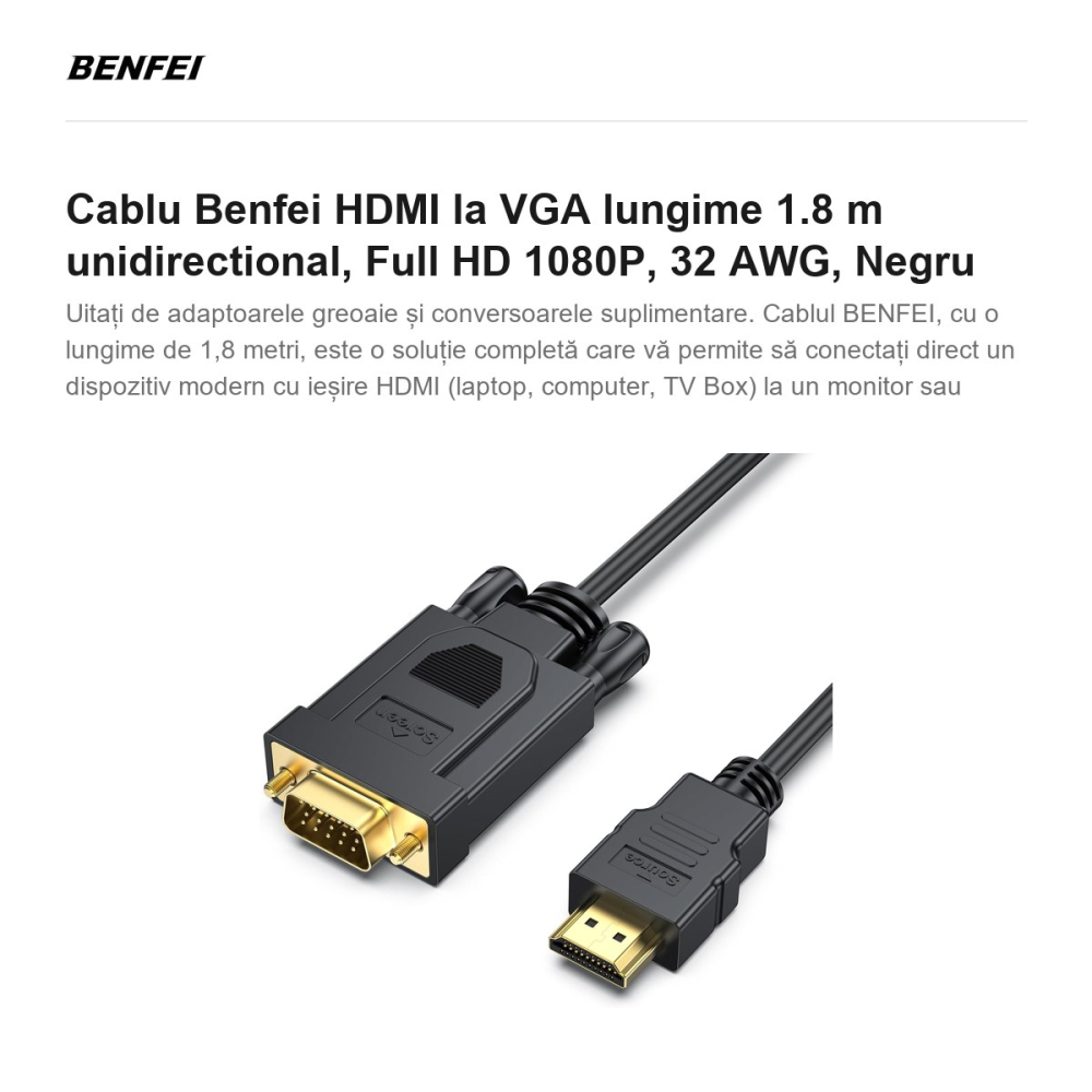 Cablu Benfei HDMI la VGA lungime 1.8 m unidirectional, Full HD 1080P, 32 AWG, Negru [2]