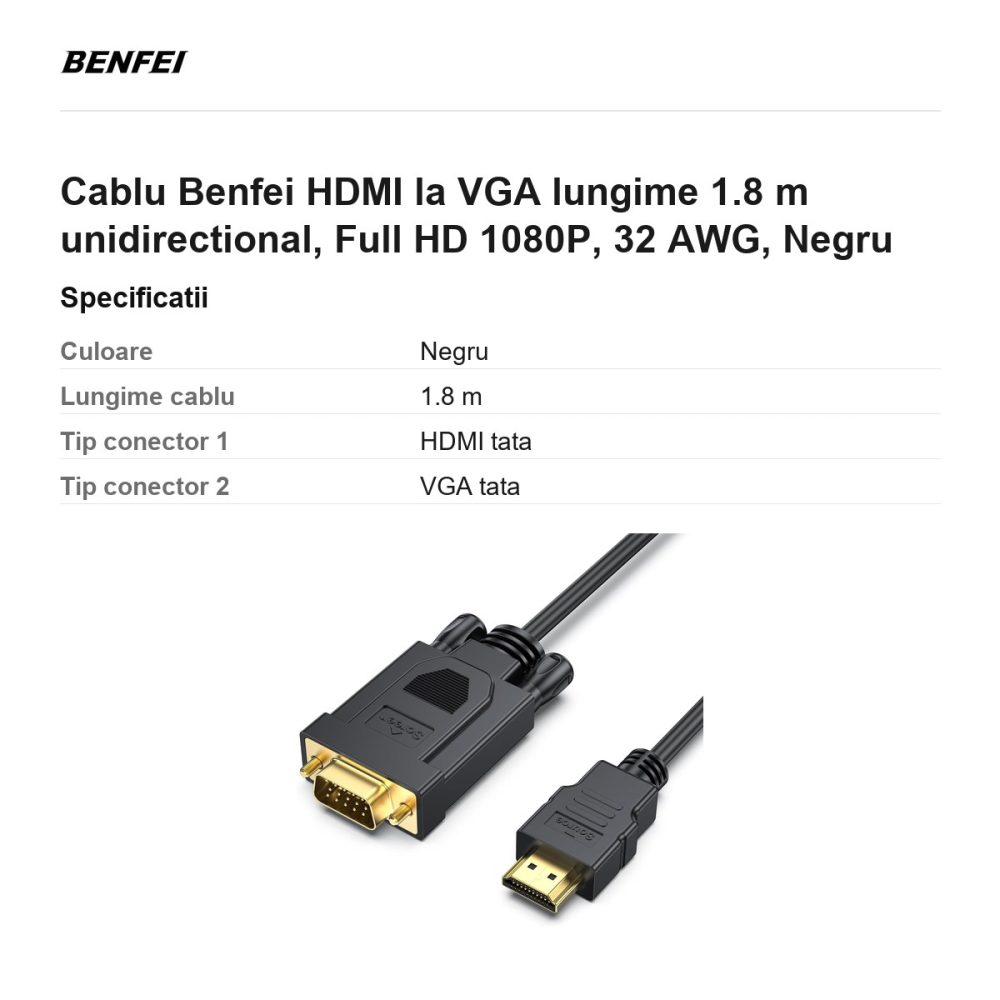 Cablu Benfei HDMI la VGA lungime 1.8 m unidirectional, Full HD 1080P, 32 AWG, Negru [3]