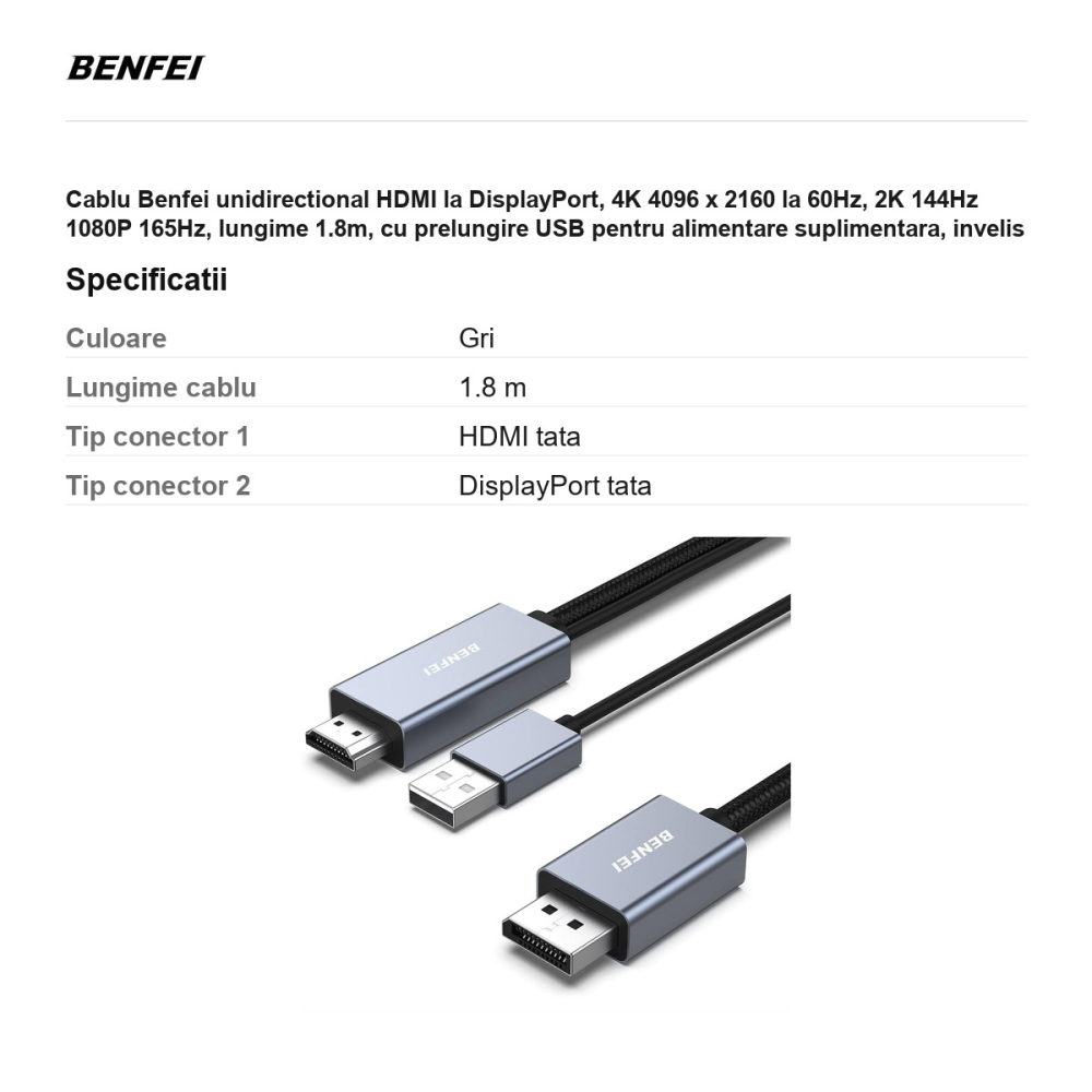 Cablu Benfei unidirectional HDMI la DisplayPort, 4K 4096 x 2160 la 60Hz, 2K 144Hz 1080P 165Hz, lungime 1.8m, cu prelungire USB pentru alimentare suplimentara, invelis exterior textil impletit, carcasa [3]
