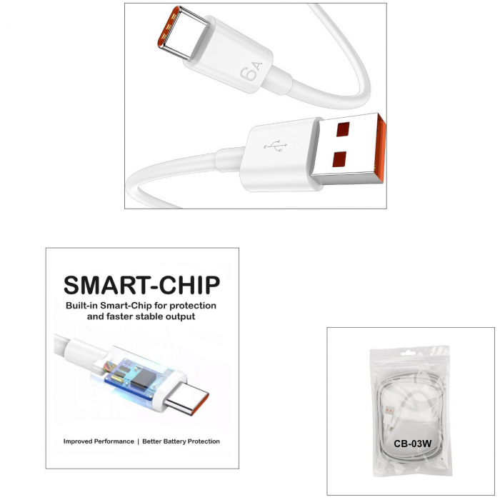 Cablu cu conectori portocalii USB la USB-C, incarcare standard 5V 2.4A sau QC 3.0/4.0, SuperCharge, PD 6A pentru Xiaomi, Huawei, Honor, model CB-03, lungime 90 cm, alb [4]