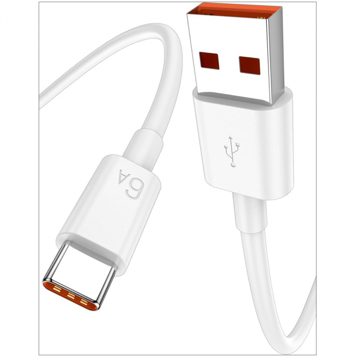Cablu cu conectori portocalii USB la USB-C, incarcare standard 5V 2.4A sau QC 3.0/4.0, SuperCharge, PD 6A pentru Xiaomi, Huawei, Honor, model CB-03, lungime 90 cm, alb [2]