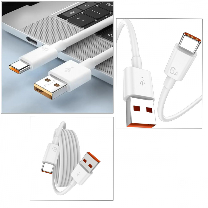 Cablu cu conectori portocalii USB la USB-C, incarcare standard 5V 2.4A sau QC 3.0/4.0, SuperCharge, PD 6A pentru Xiaomi, Huawei, Honor, model CB-03, lungime 90 cm, alb [5]