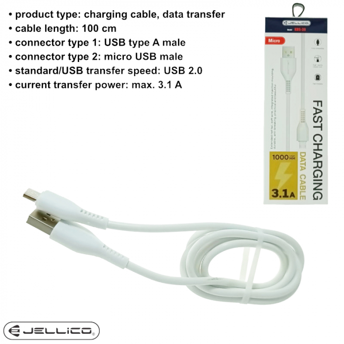 Cablu cu conectori USB-A tata la microUSB tata, 3.1A, lungime 100cm, Jellico KDS-30 64120, incarcare, transfer date, alb [6]
