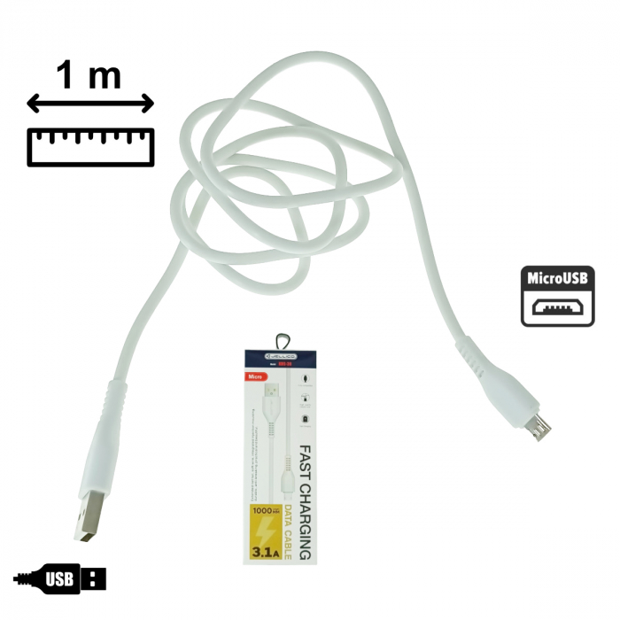 Cablu cu conectori USB-A tata la microUSB tata, 3.1A, lungime 100cm, Jellico KDS-30 64120, incarcare, transfer date, alb [4]