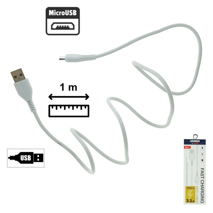 Cablu cu conectori USB-A tata la microUSB tata, 3.1A, lungime 100cm, Jellico KDS-30 64120, incarcare, transfer date, alb [2]